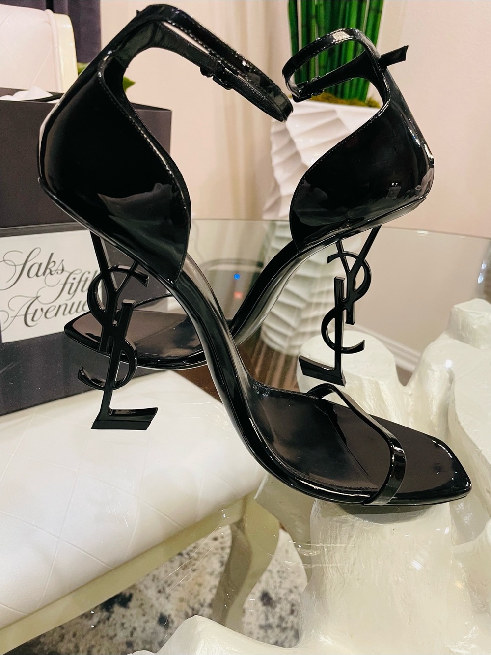 Saint Laurent Glossy Black YSL Logo Stiletto Sandals